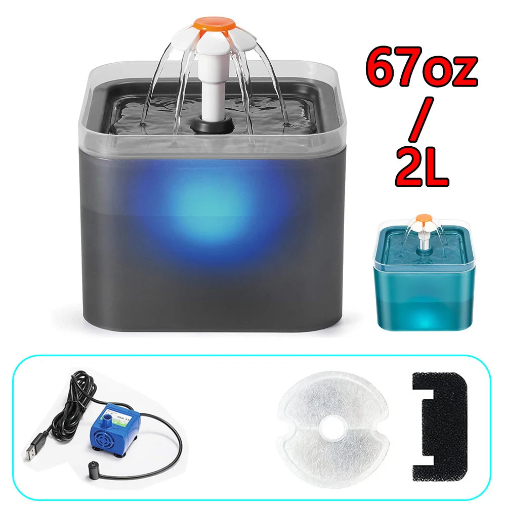 Cat Water Fountain, 67oz/2L Automatic Cat Drinking Fountain, Pet Water Fountain with LED Light and Filter for Cats and Small Dog