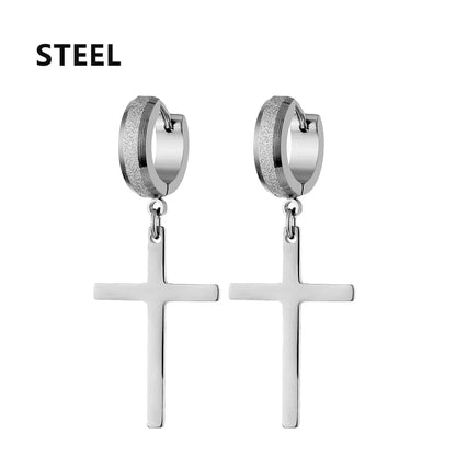 Punk Stainless Steel Frosting Hoop Earrings Design Women Men Pierced Cross Ear Jewelry Accessories Party Dangle Earring