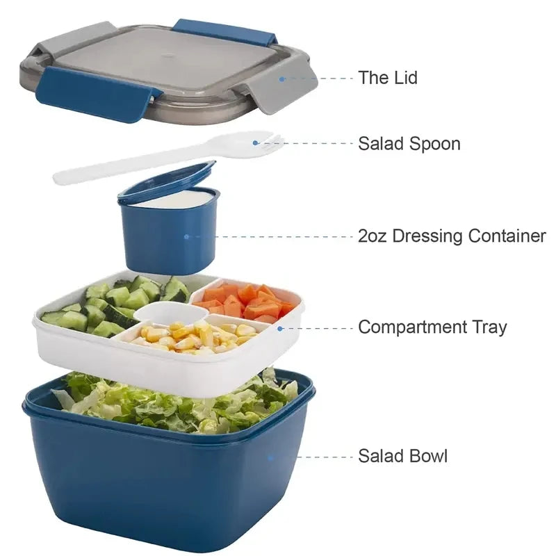 1 pc Salad Lunch Box Container With 37-oz Salad Bowl, 3 Compartments And 2-oz Sauce Container For Salad Toppings Or Snacks