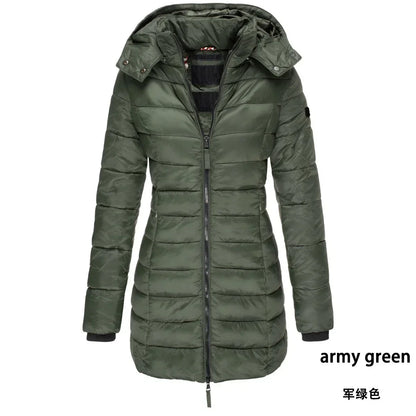 Winter Women's Cotton Jacket Medium Length Slim Fitting Cotton Jacket Warm Solid Hooded Cotton Jacket