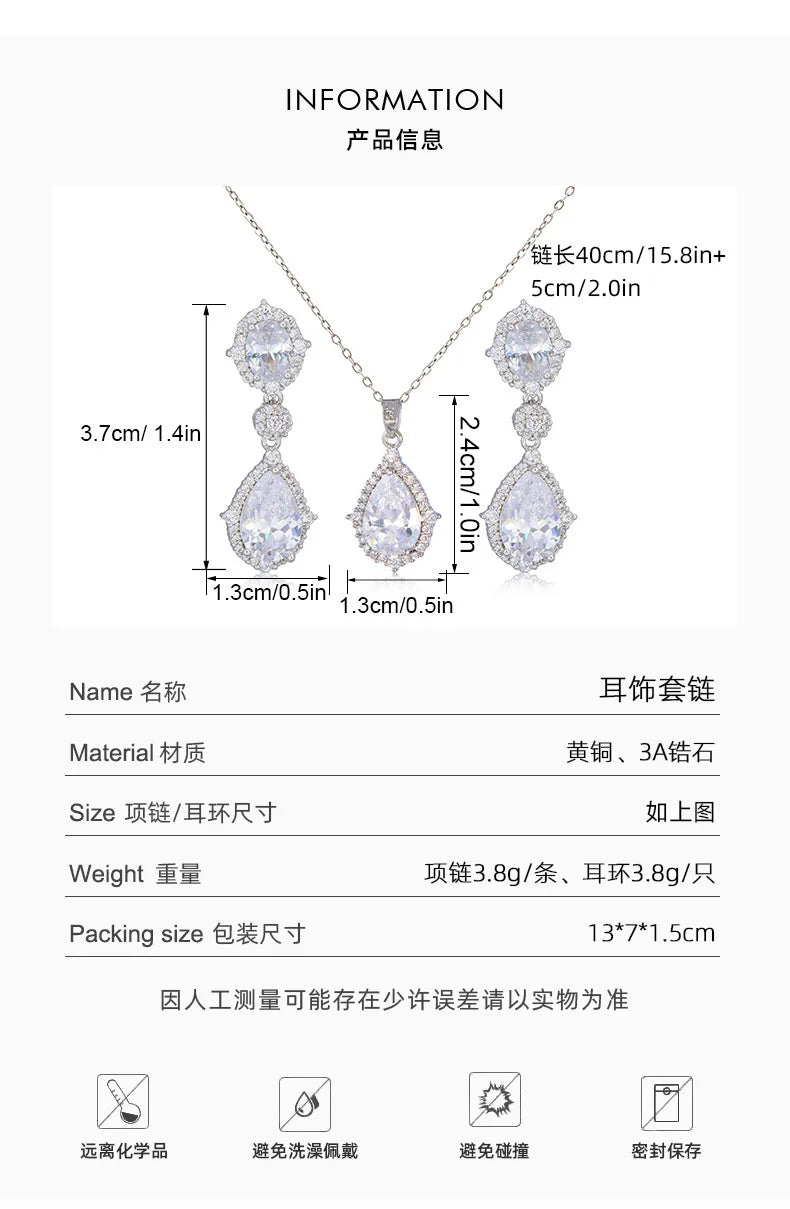 Fashion necklace accessories women's earring Jewelry sets bride's wedding zircon water drop girls earrings for women jewellery