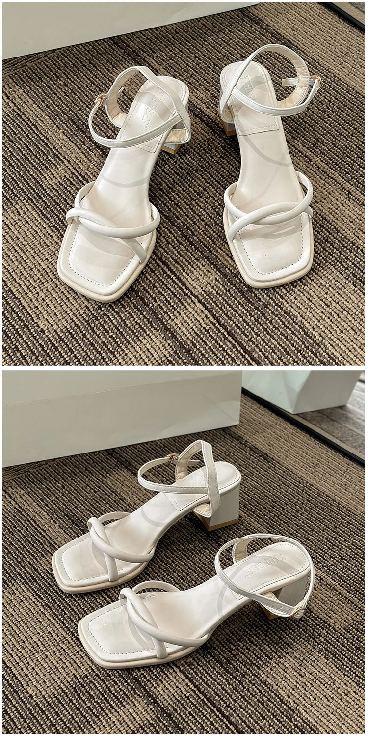 Sandals, 2024 Summer New Fashion Gentle Retro Chunky Non-slip Sandals, A Line with 5cm High Heels Summer Beach Sandals