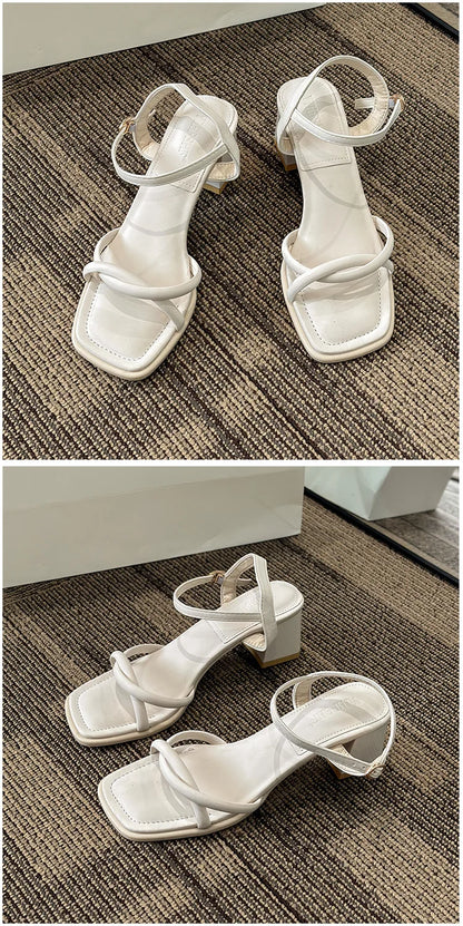 Sandals, 2024 Summer New Fashion Gentle Retro Chunky Non-slip Sandals, A Line with 5cm High Heels Summer Beach Sandals