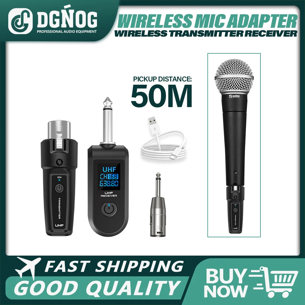 DGNOG Wireless Microphone Transmitter Receiver System UHF XLR Adapter System for Dynamic Microphone Guitar Audio Mixer PA System