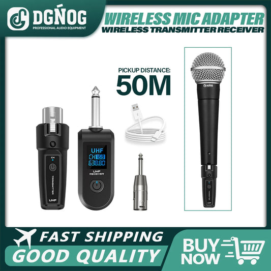 DGNOG Wireless Microphone Transmitter Receiver System UHF XLR Adapter System for Dynamic Microphone Guitar Audio Mixer PA System