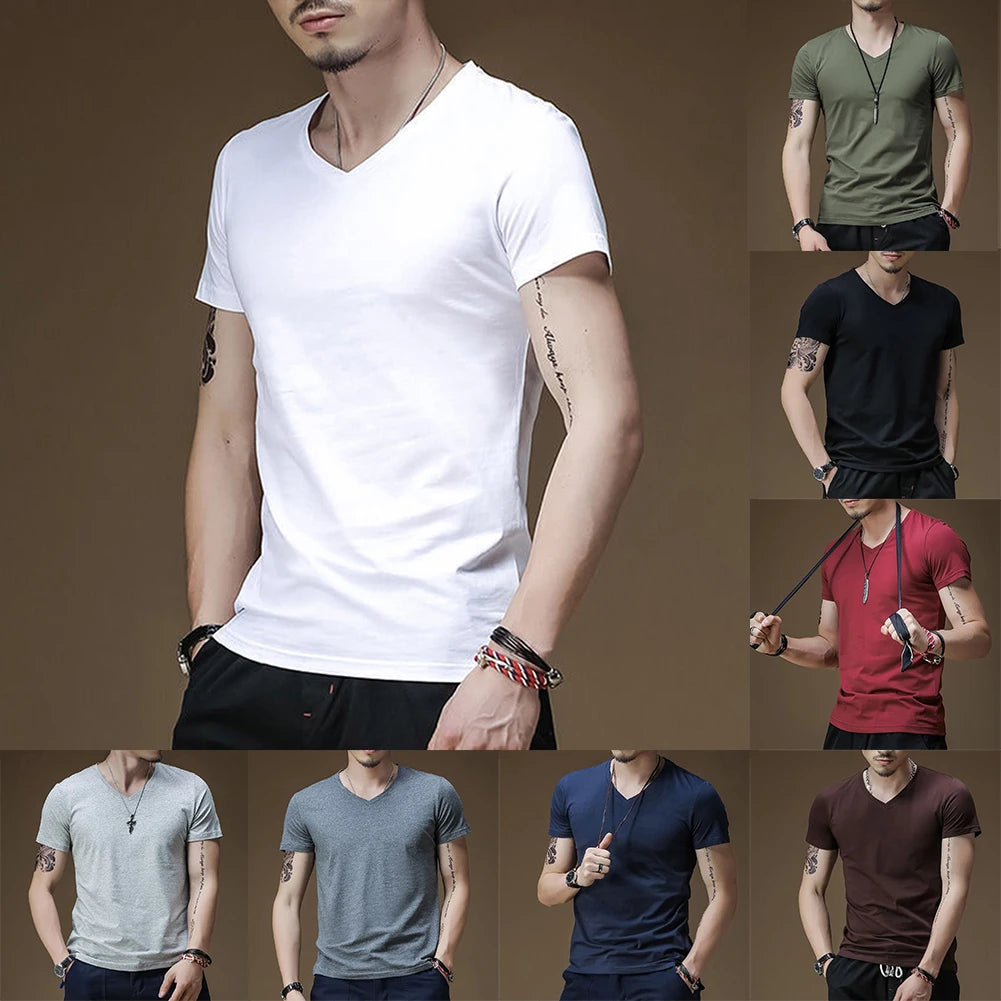 Mens T Shirt Solid Colour V Neck Short Sleeve Top T Shirt Leggings Gym Wear