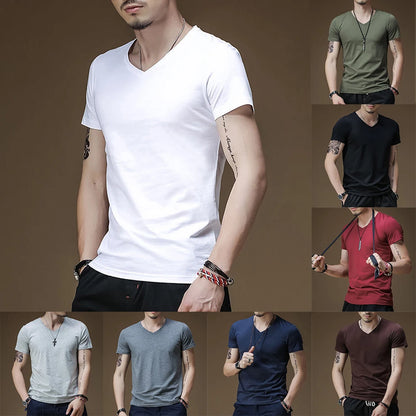 Mens T Shirt Solid Colour V Neck Short Sleeve Top T Shirt Leggings Gym Wear