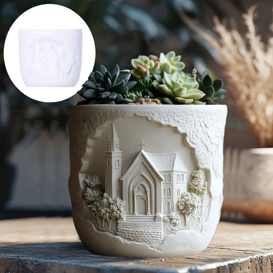 Church relief succulent plant flowerpot resin silicone mold house church storage box mold tower church cross relief gypsum molds