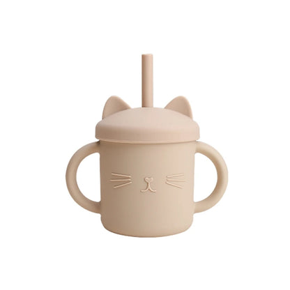 Baby Food Grade Feeding Cup Kid Double Handle Design Cute Cat Styling Straw Bottle Anti-Hot Leakproof Baby Silicone Feeding Cups