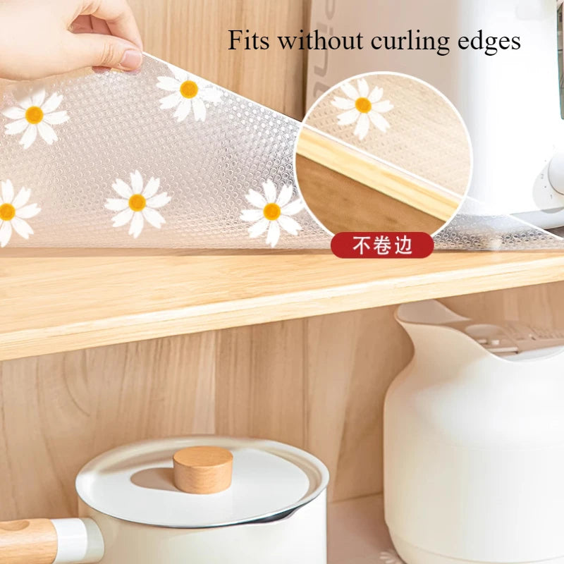 1 Roll Daisy Shelf Liner For Kitchen Cabinets EVA Waterproof Fridge Pad Cupboard Mat Easy Placemats Non-Adhesive Drawer Liner