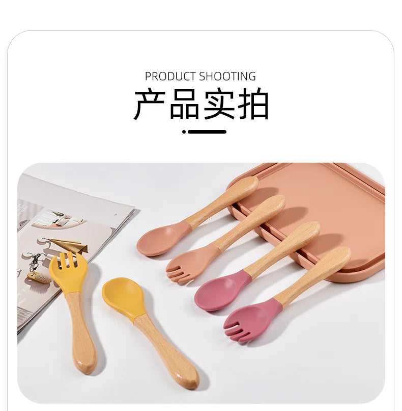 Baby Silicone Feeding Set with Wooden Handle Soft Training Spoon and Fork for Kids
