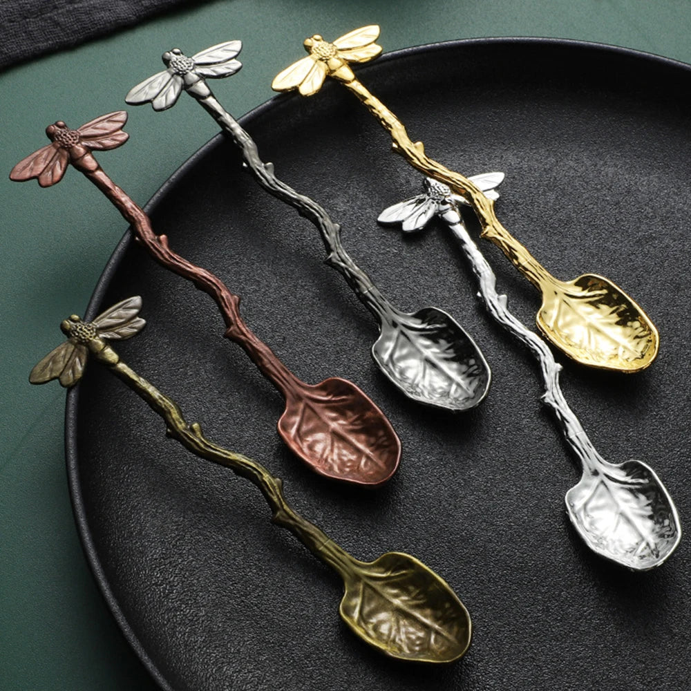 New Retro Coffee Spoon Dragonfly Twig Decorative Stirring Spoon Alloy Leaf Spoon Forest Style Portable Dessert Spoon Tea Spoon