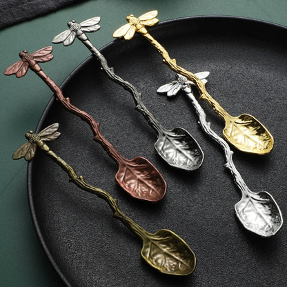 New Retro Coffee Spoon Dragonfly Twig Decorative Stirring Spoon Alloy Leaf Spoon Forest Style Portable Dessert Spoon Tea Spoon