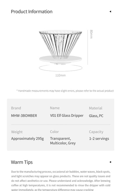 MHW-3BOMBE Pour Over Coffee Dripper Glass Coffee Dripper Coffee Filter Cup Reusable Coffee Drip Filter Cone Coffee Maker