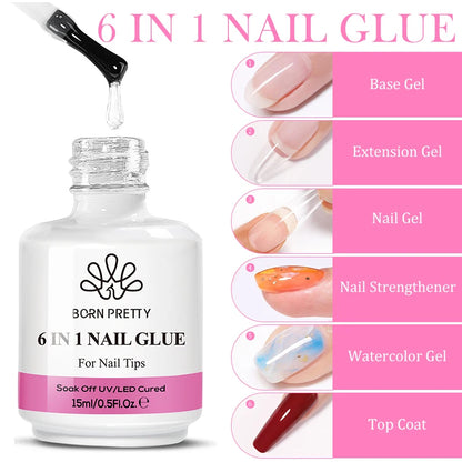 BORN PRETTY 15/10ML 6 IN 1 Nail Glue Gel for Acrylic Nails Soak off Base Gel Top Coat UV Extension Nail Gel False Nail Tips Gel