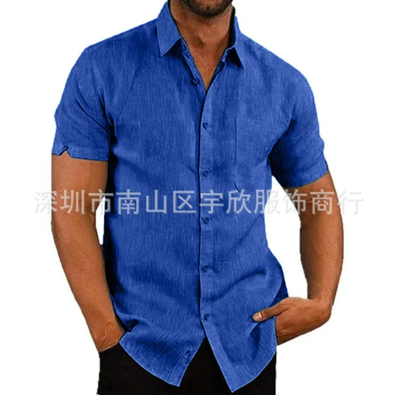 Men Pocket Blouse Tops Summer Male Turn Down Collar Button Short Sleeve Slim Solid Color Blouse Shirts YYCFS-19505