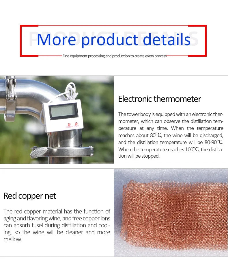 Copper Mesh Tube Distillation Tower with Sight Glass Bottom Clamp, Household Brewing Equipment, Brandy Vodka, 1.5 ", 2"