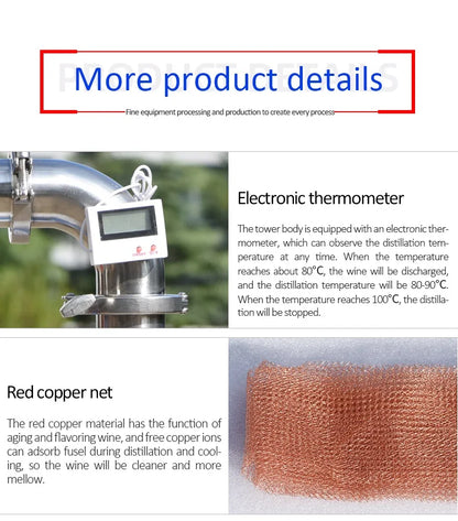 Copper Mesh Tube Distillation Tower with Sight Glass Bottom Clamp, Household Brewing Equipment, Brandy Vodka, 1.5 ", 2"