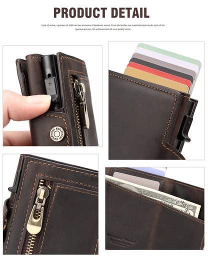 Cowhide Leather Men's Wallet RFID Blocking Protect Cardholder Automatic Card Case for Women with Apple AirTag Holder