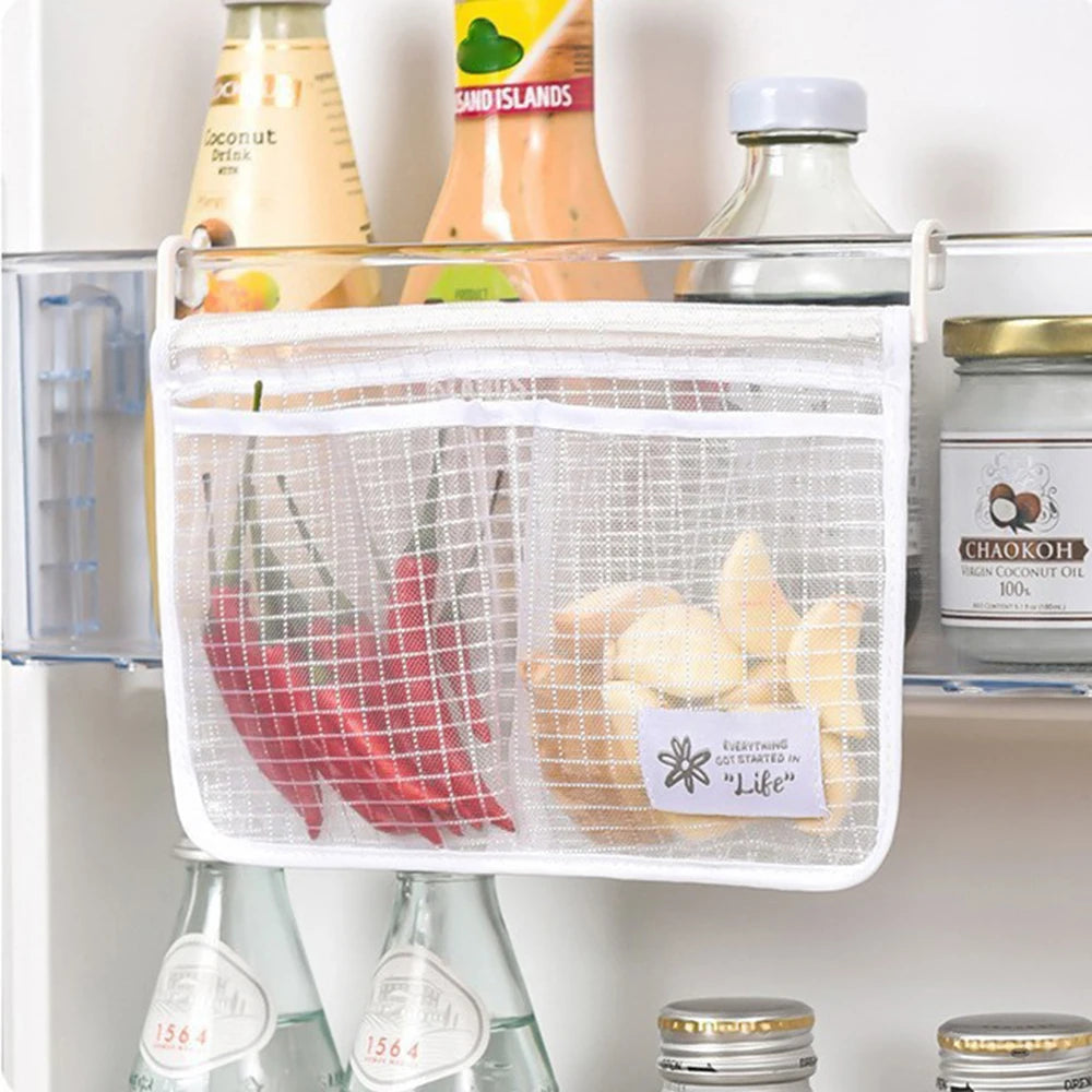 Dual Compartment Fridge Hanging Organizer - Mesh Storage Bags for Fruits/Snacks, No Hook Space Saving Bin with Clear Window