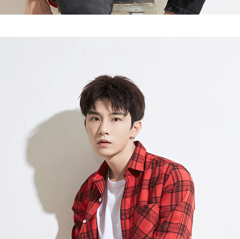 40%cotton fashion korean populasr clothes Casual plaid long-sleeve shirts for men slim fit plain shirt social streetwear tops