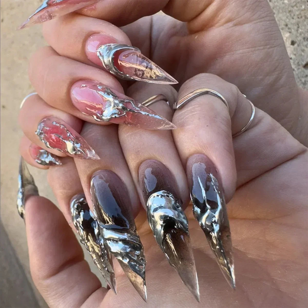 24Pcs False Nails Spicy Girl Silver Bow with Diamond Fake Nails with Glue Almond Press on Nails Black Cool Y2k Almond Nail Set