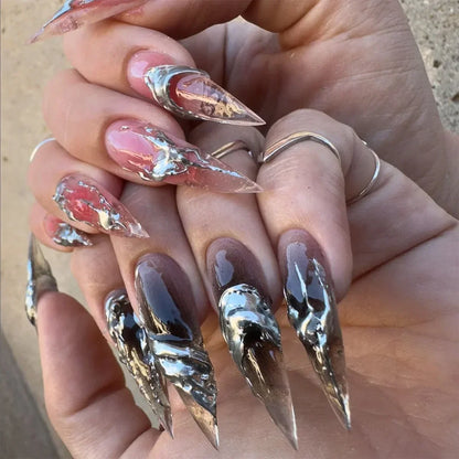 24Pcs False Nails Spicy Girl Silver Bow with Diamond Fake Nails with Glue Almond Press on Nails Black Cool Y2k Almond Nail Set
