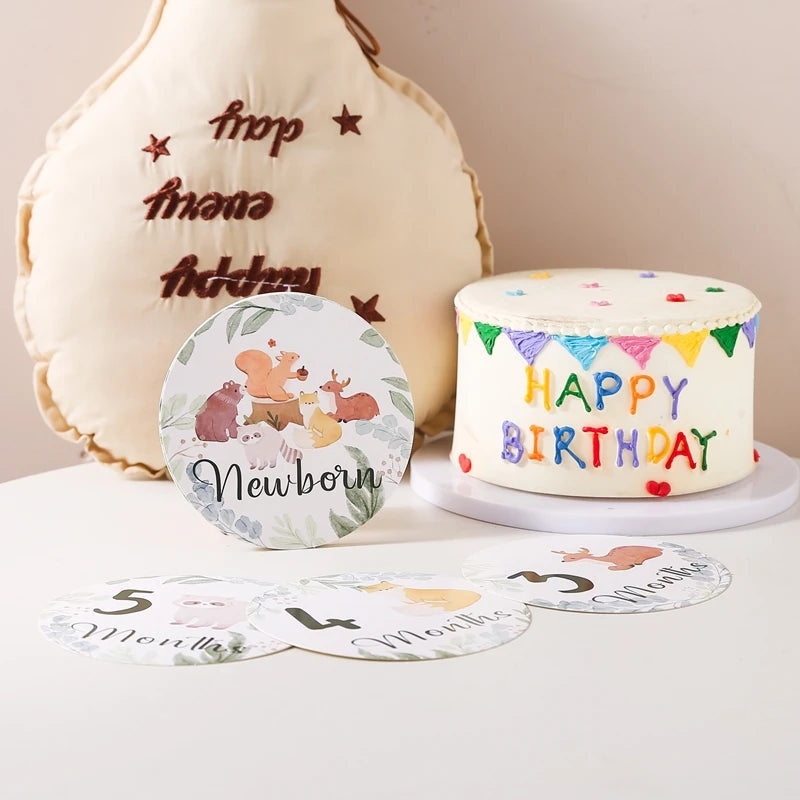 Newborn Baby Growth Milestones 0-12 Months Paper Card Photo Accessory Cartoon Animal Pictures Souvenir Props Baby's Birth Gift