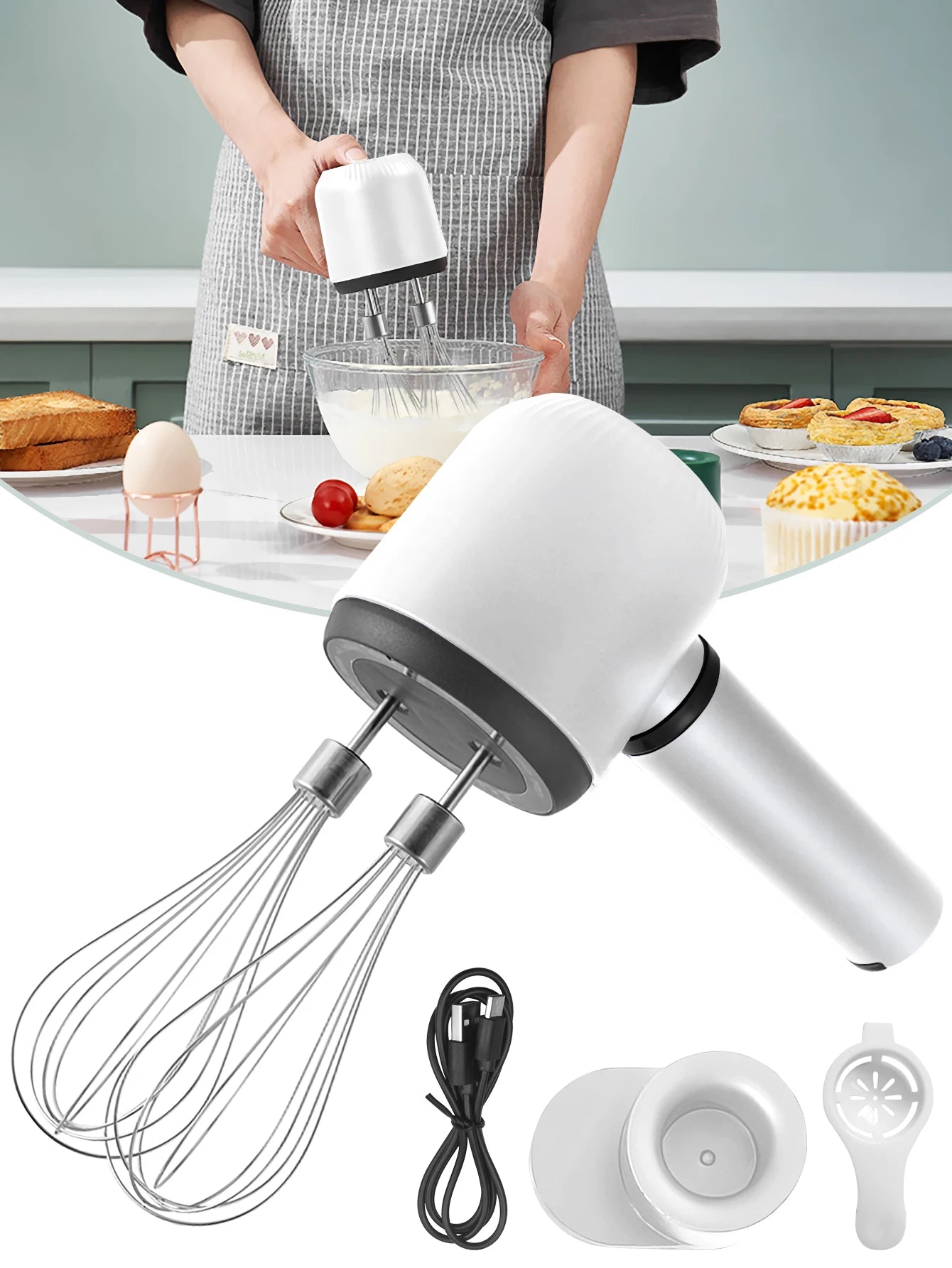 USB Rechargeable Electric Hand Blender Wireless Portable Hand Whisk Rechargeable 3-Speed And 2 Whisk For Baking Whisk Milk Cream
