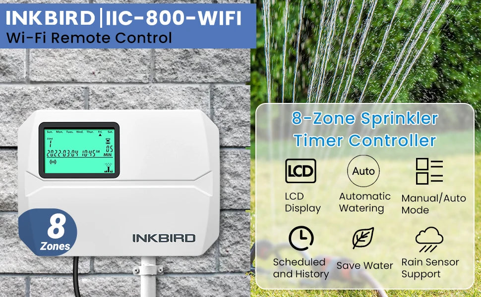 INKBIRD Wi-Fi Smart Sprinkler Controller 8-Zone Watering Irrigation Timer With Free App Monitoring Seasonal Adjustment Rain Skip