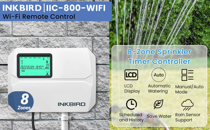 INKBIRD Wi-Fi Smart Sprinkler Controller 8-Zone Watering Irrigation Timer With Free App Monitoring Seasonal Adjustment Rain Skip
