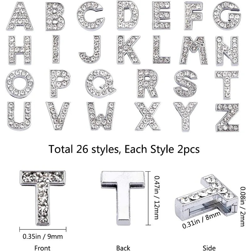 52Pcs Alphabet A-Z Letter Slide Charm Rhinestone Beads 8mm Hole Slide Alphabet Letters for 8mm Slide Wristbands/Bracelets,