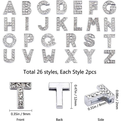 52Pcs Alphabet A-Z Letter Slide Charm Rhinestone Beads 8mm Hole Slide Alphabet Letters for 8mm Slide Wristbands/Bracelets,
