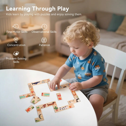 The Baby Montessori Domino Puzzle Toy Features Cartoon Patterned Dominoes With Smooth Edges That Are Super Fun For Babies