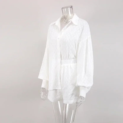 Casual Loose Women Short Two Piece Set Suit Fashion Blouse Long Sleeve Shirt Lady Simple Style Shorts Streetwear Blouse Tops