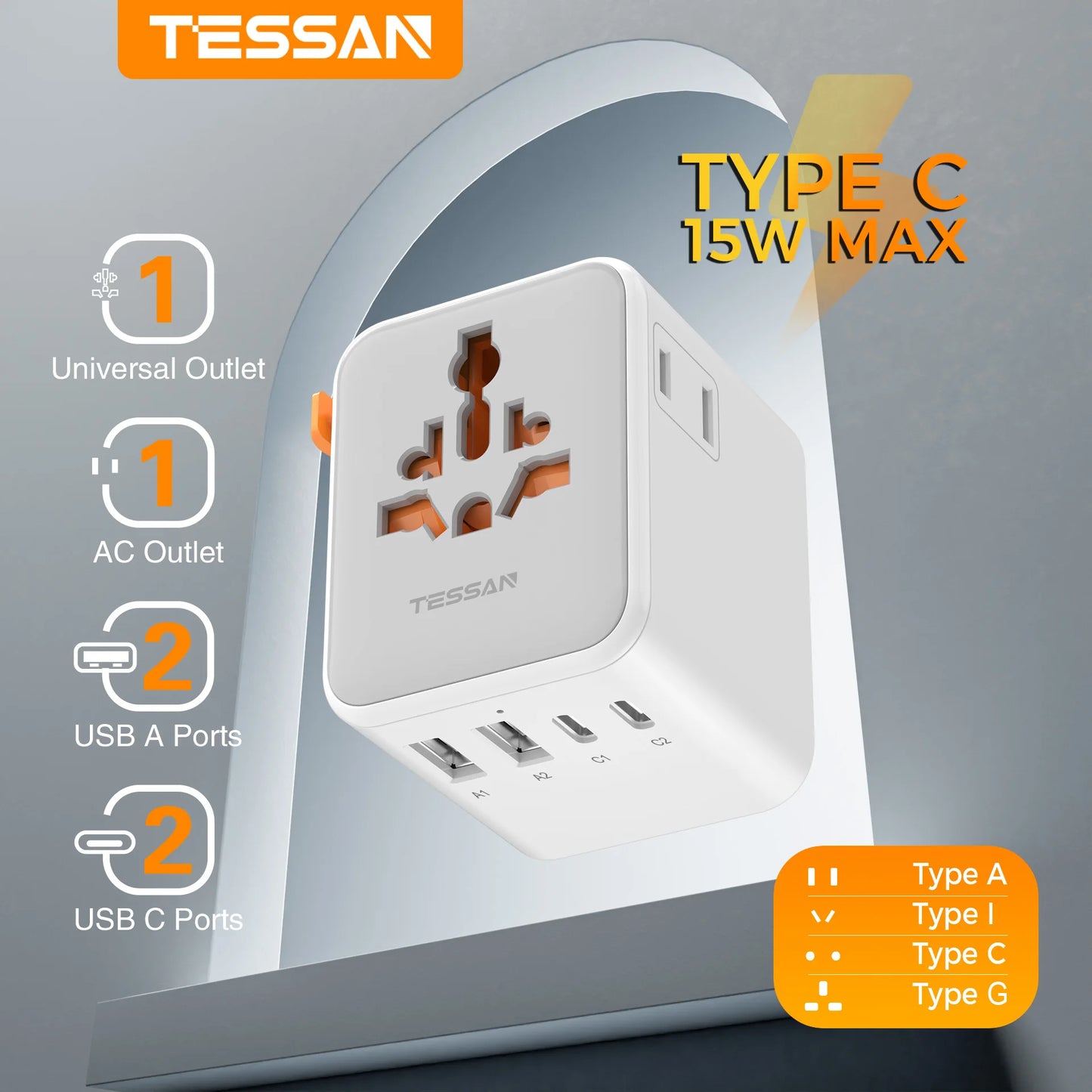 TESSAN Universal Travel Adapter with 2 USB 2 Type C Extra 2 Prong AC Outlet International Plug Adapter for US to EU UK AU Travel