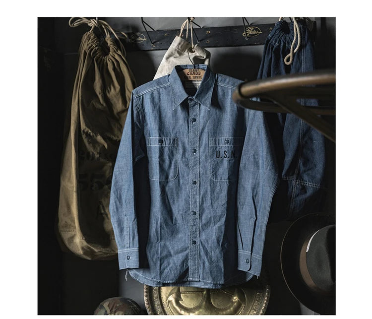 Bronson Repro USN Chambray Work Shirt Rugged Men's Selvedge Workwear Light Blue