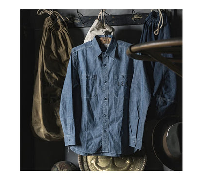 Bronson Repro USN Chambray Work Shirt Rugged Men's Selvedge Workwear Light Blue