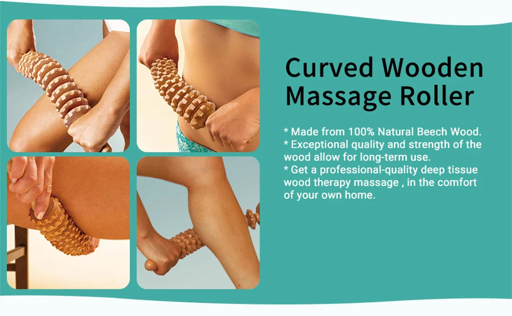 Natural Curved Wooden Massage Roller for Waist and Thigh, Multi-Functional Body Roller for Cellulite Reduction & Muscle Tension
