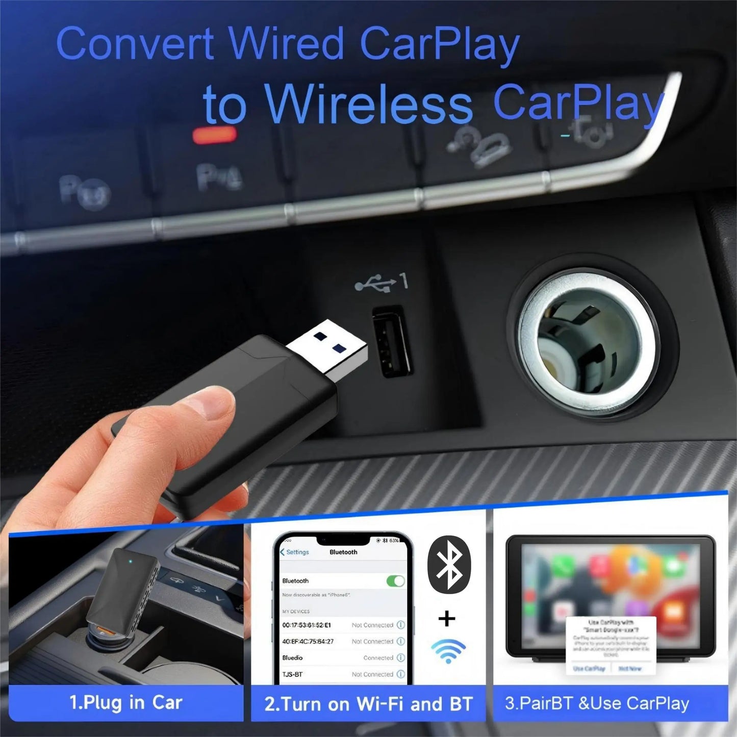 2-in-1 Wireless CarPlay & Android Auto Adapter, Plug & Play CarPlay Converts Wired to Wireless, Fast Auto-Connect, No Lag