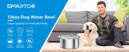 4L Dog Water Bowl No Spill Smartoo Large Capacity Stainless Steel Dog Slow Water Feeder - Spill Proof & Zero Splash & No Drip