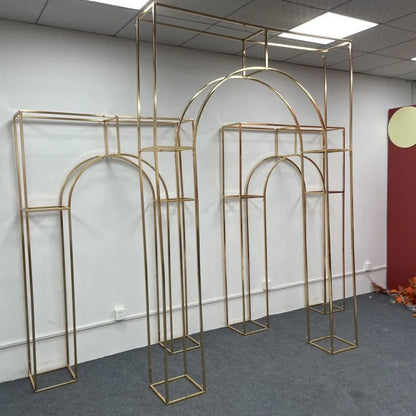Shiny Gold-Plated Square Screen Backdrop Shelf, Wedding Arch, Geometric Flower, Door Stand, Artificial Flor, 2.2m, 3Pcs