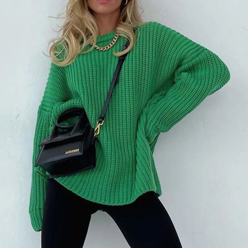 Women O-neck Long Sleeve Knitted Sweaters Autumn Winter Loose Knit Pullovers Lazy Style Oversized Sweaters Christmas Clothes