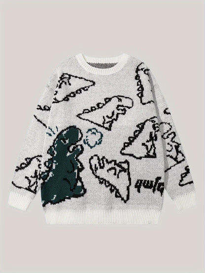 Women's Oversized Dinosaur Pattern Sweater - Cozy Long Sleeve Pullover for Casual Wear
