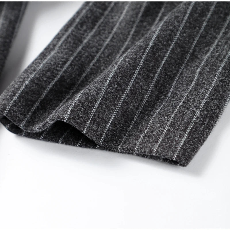 Retro Striped Lapel Woolen Long Coat Women Casual Loose Dark Grey Oversize Coats Female Winter Elegant Chic Outwear