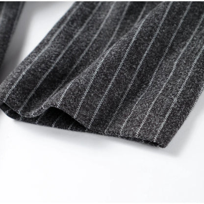 Retro Striped Lapel Woolen Long Coat Women Casual Loose Dark Grey Oversize Coats Female Winter Elegant Chic Outwear