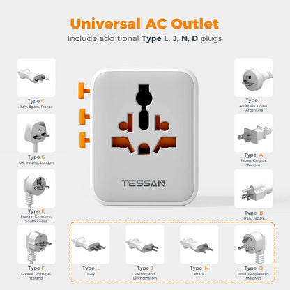 TESSAN Universal Travel Adapter with 2 USB 2 Type C Extra 2 Prong AC Outlet International Plug Adapter for US to EU UK AU Travel