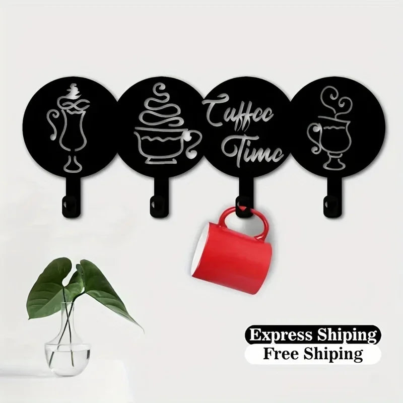 4 Hooks Coffee Time Written, Decorative Kitchen Hooks, coffee Mug Decorated,  Mug Holder Towel Holder Iron Crafts，Wall hanging