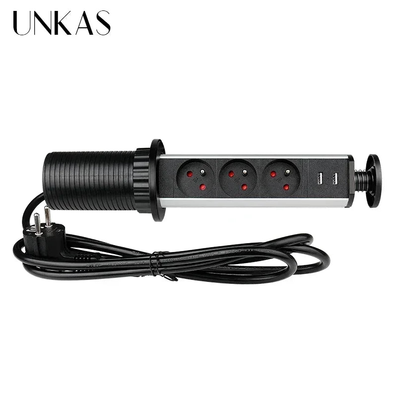 16A PULL POP UP 3 Power EU Socket New Black Color Port Kitchen Table Desktop Sockets Retractable Countertops French Plug