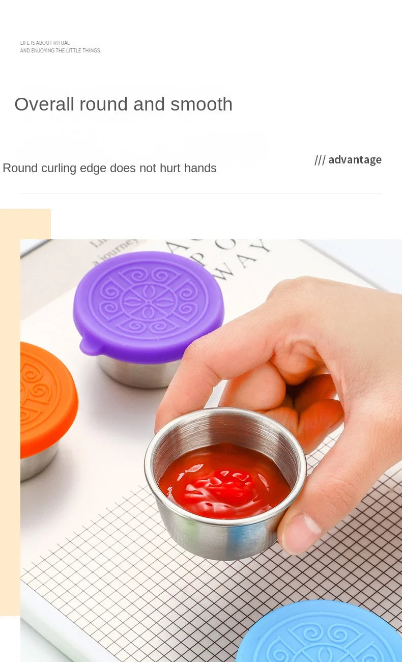 6 Pcs Set Leakproof Stainless Steel Dipping Sauce Cups Food Containers Reusable Salad Dressing Container Silicone Stretch Lids